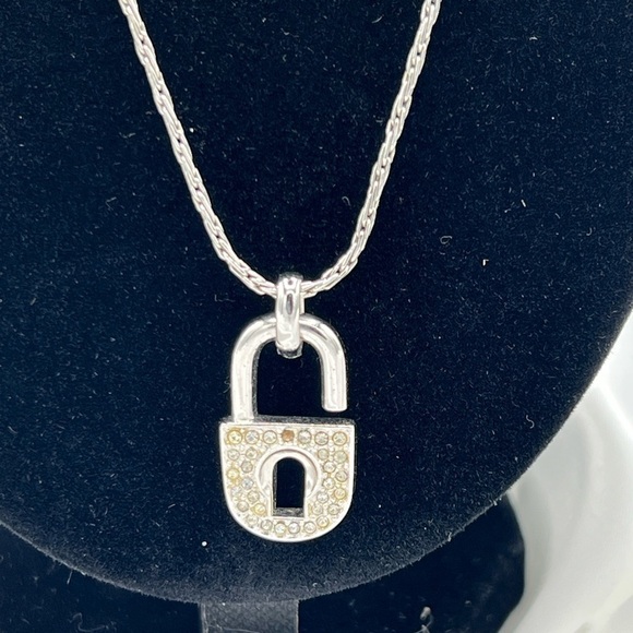 CHRISTIAN DIOR Rhinestone Lock Silver Necklace - Picture 2 of 5